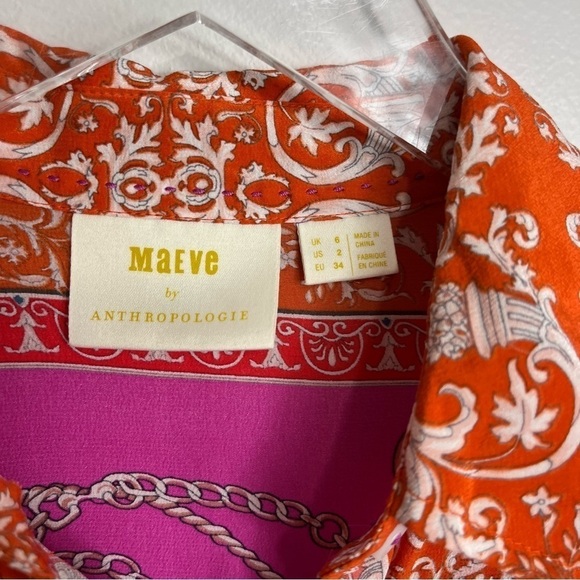 Anthropologie Maeve Potala Scarf & Chain 100% Silk Blouse Size 2 Orange Pink - Picture 2 of 3
